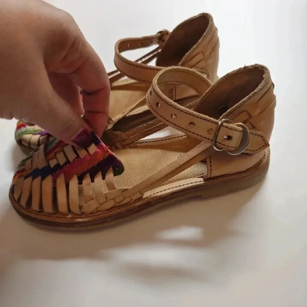 Kids Neutral Leather Huarache Sandals with Multicolor Stripes